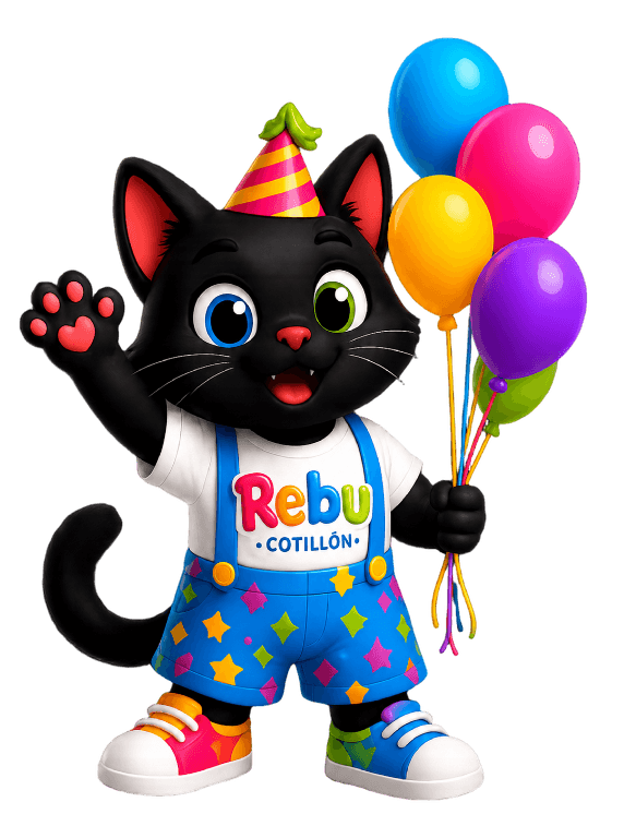 Blacky saludando con globos mientras ayuda a armar el festejo