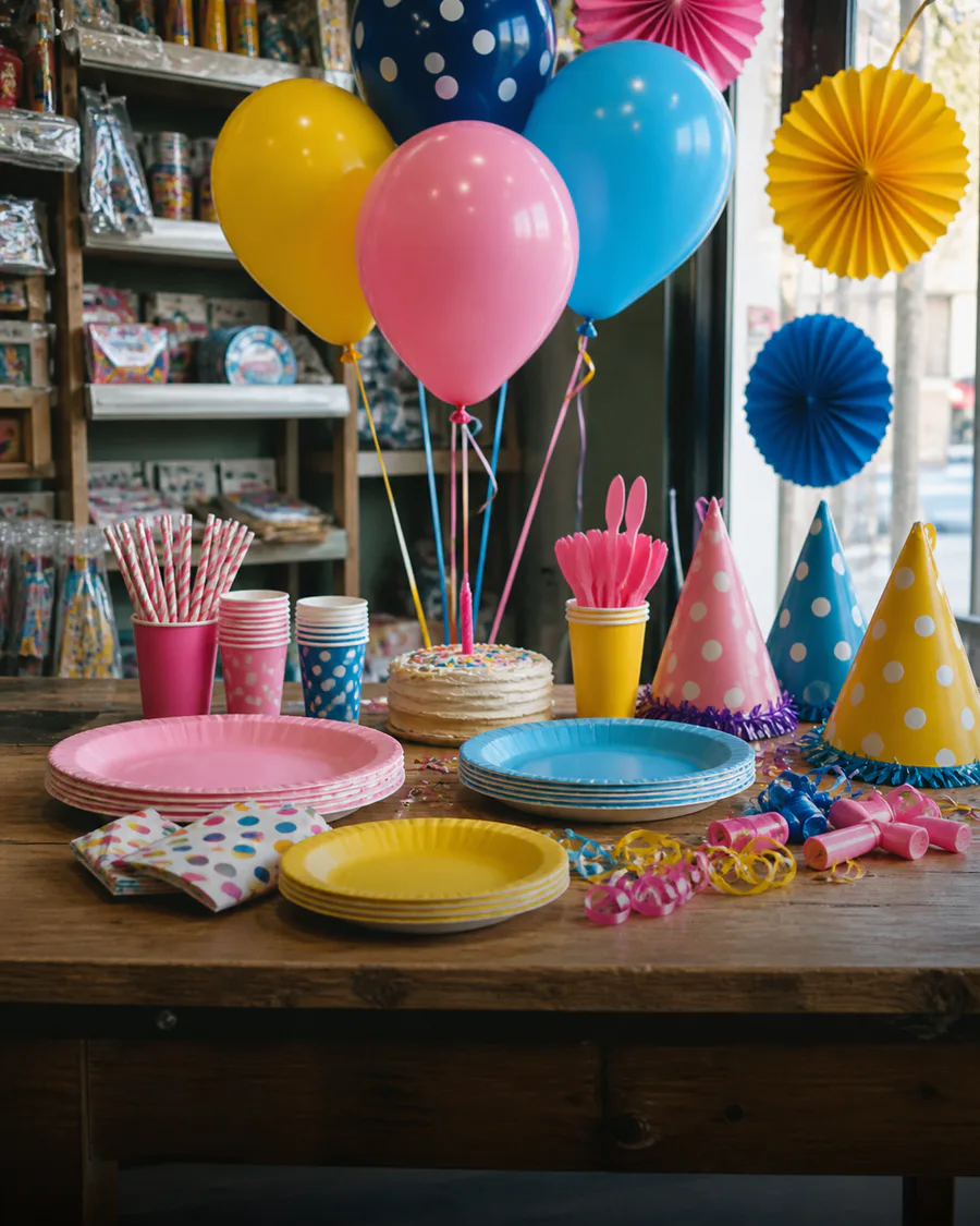 Mesa de cumple infantil con globos, platos, vasos y accesorios de cotillón
