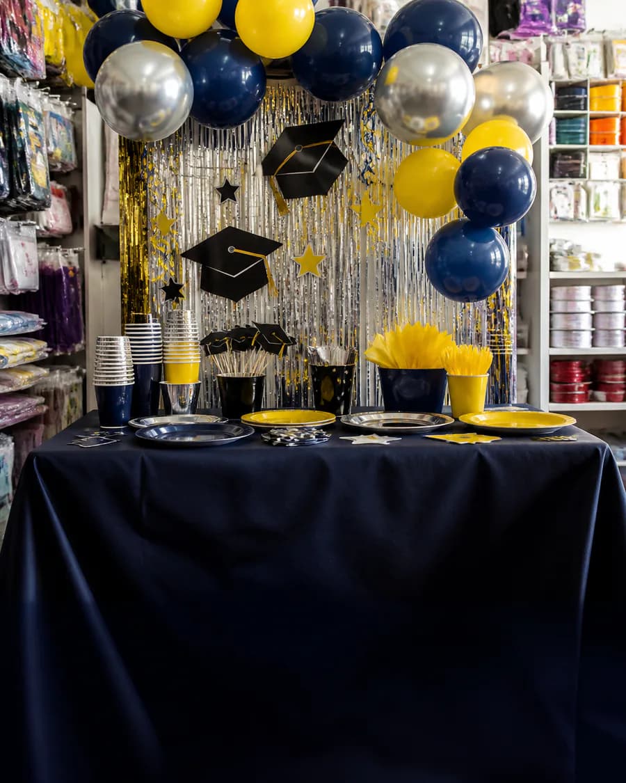 Mesa de egresados con globos azules, amarillos y plateados