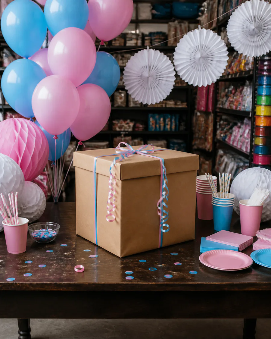 Caja sorpresa rodeada de globos rosas y celestes para una revelación